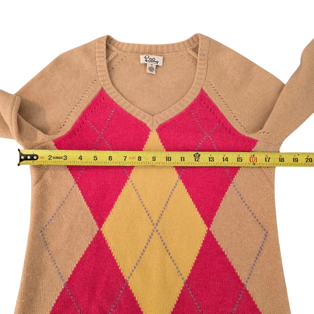 Lilly Pulitzer Cashmere Red and Tan Yellow Crew Neck Sweater with Argyle Pattern - Picture 7 of 9